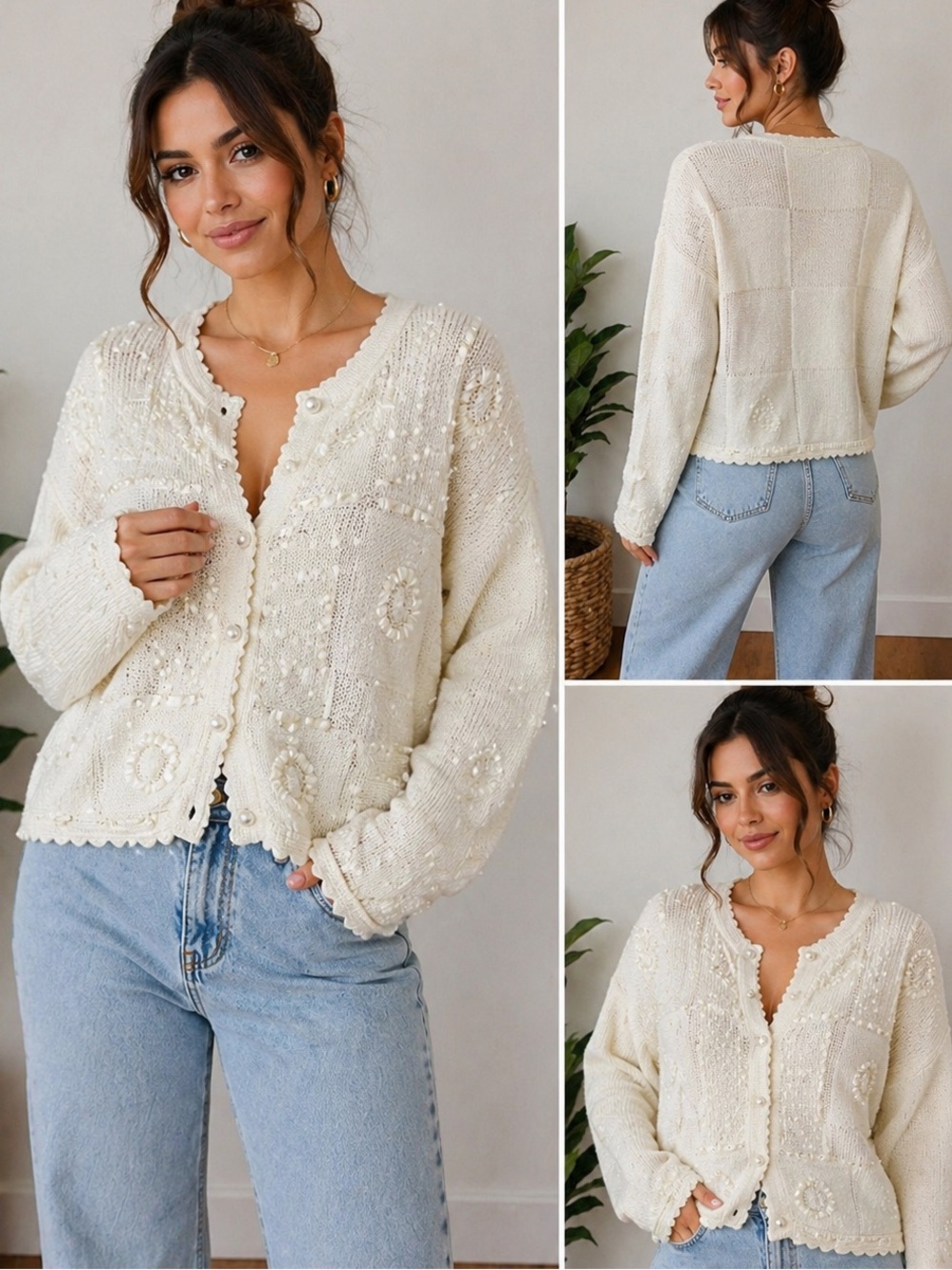 Cream Textured Button-Front Knit Cardigan